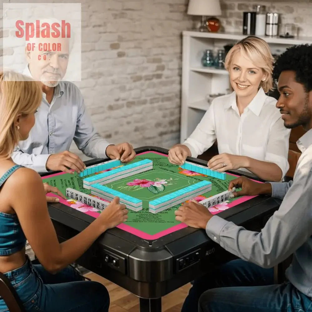 Mahjong Mat With Instructions, Preppy Pink, Green Charleston Tropical Mahjong Game Mat