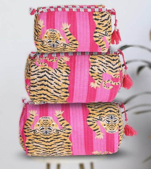 Tiger Print Mahjong Tile Bag, Travel Toiletry Bags, Cosmetic Organizer Set, Quilted Cotton