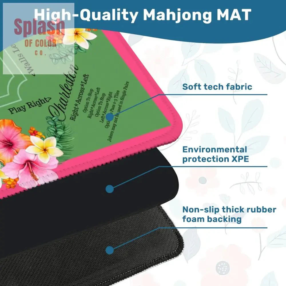 Mahjong Mat With Instructions, Preppy Pink, Green Charleston Tropical Mahjong Game Mat