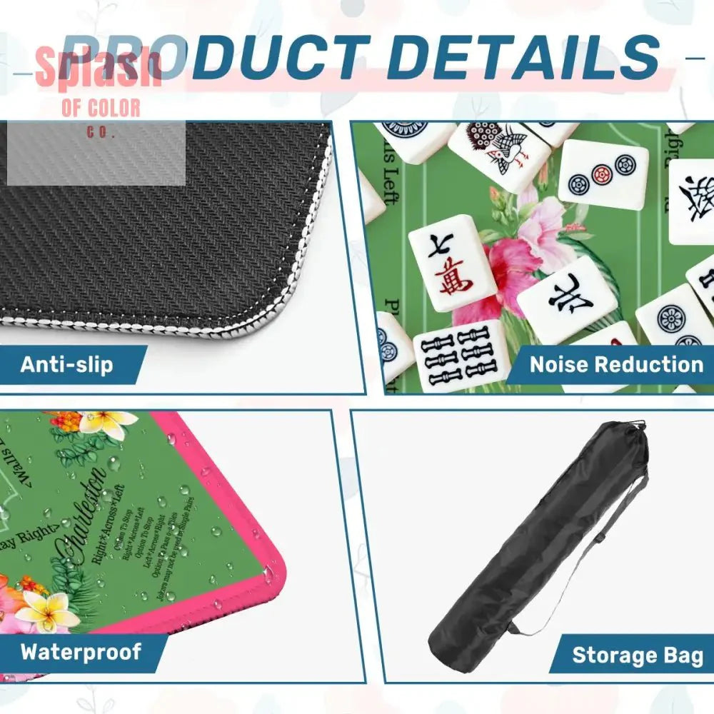 Mahjong Mat With Instructions, Preppy Pink, Green Charleston Tropical Mahjong Game Mat