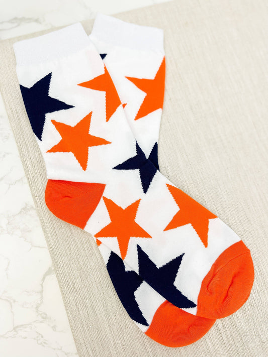 Game Day Star Print Crew Socks - Navy Blue & Orange